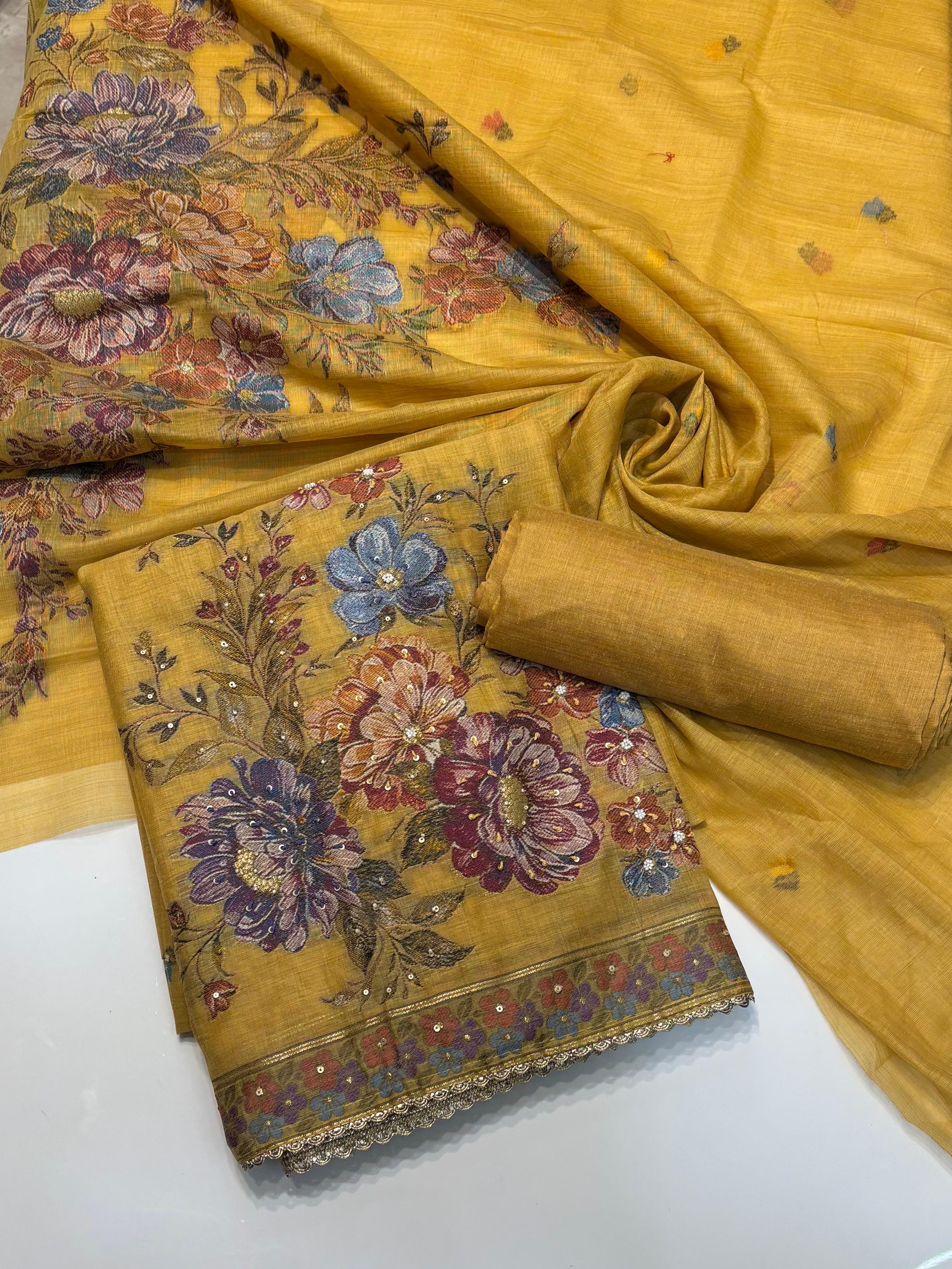 Punjabi suit ( Pure Mal Chanderi Collection With Pinch Of Hand Embrodiery - Very Sleek Designing )