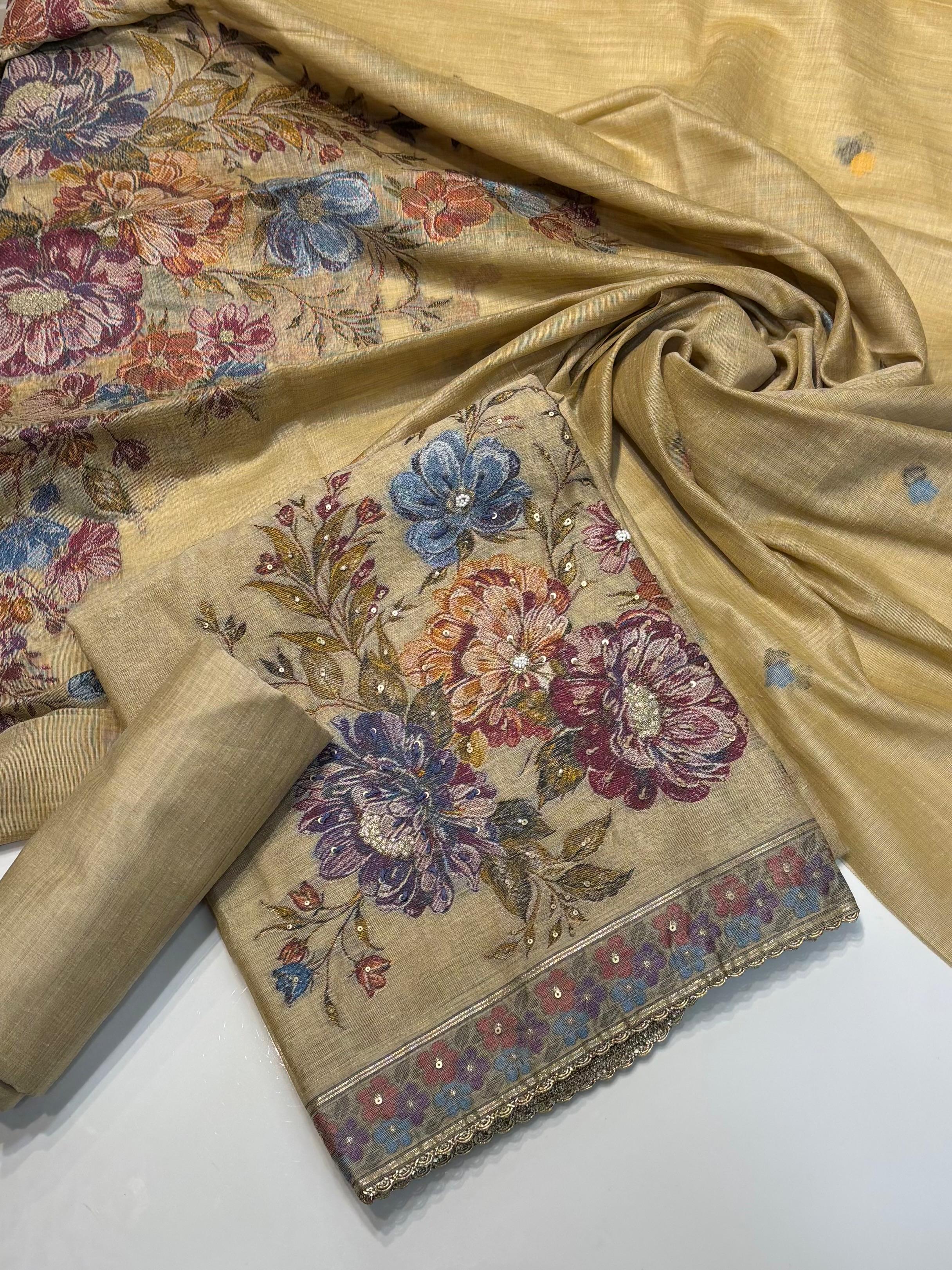 Punjabi suit ( Pure Mal Chanderi Collection With Pinch Of Hand Embrodiery - Very Sleek Designing )