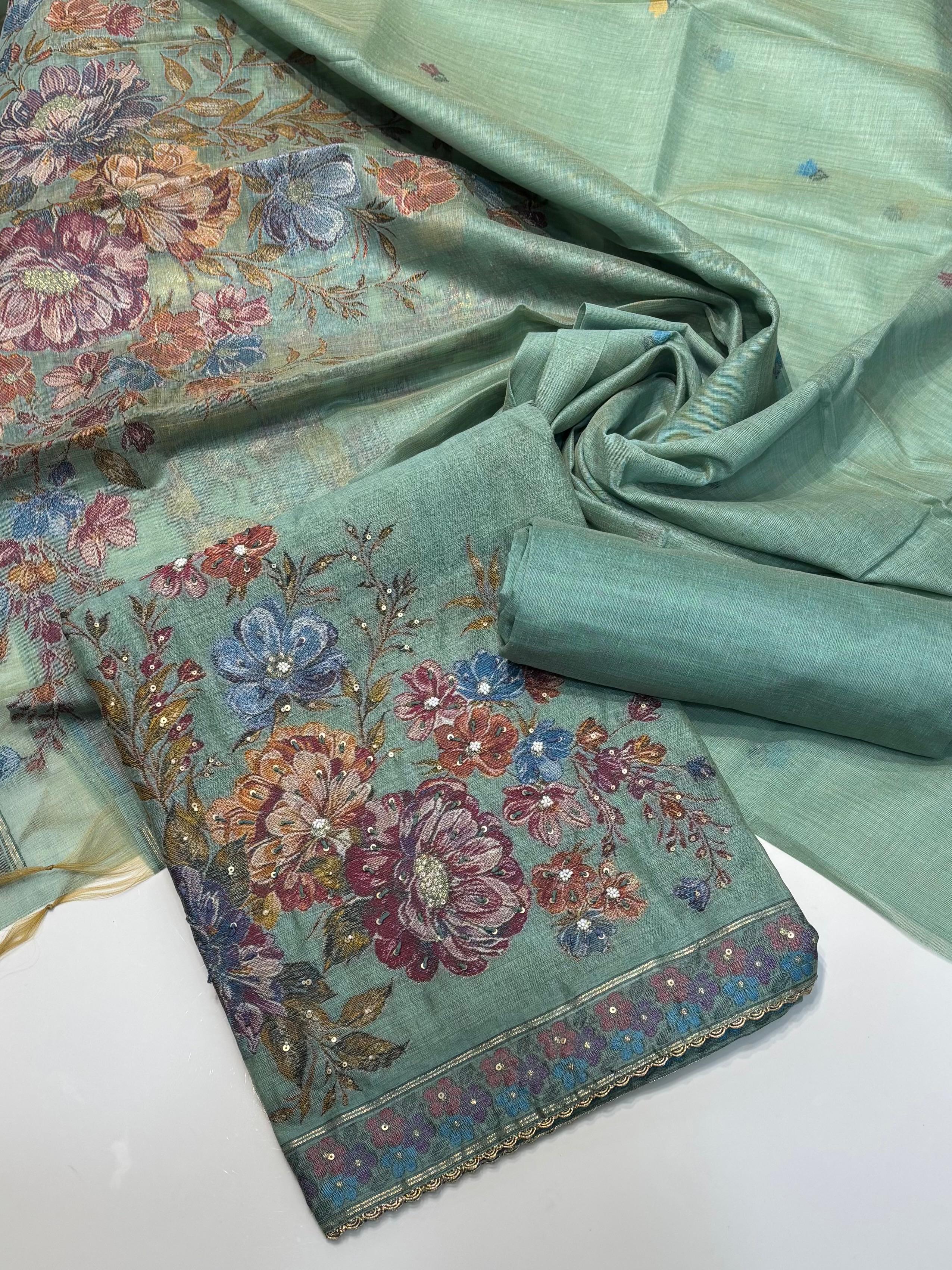 Punjabi suit ( Pure Mal Chanderi Collection With Pinch Of Hand Embrodiery - Very Sleek Designing )